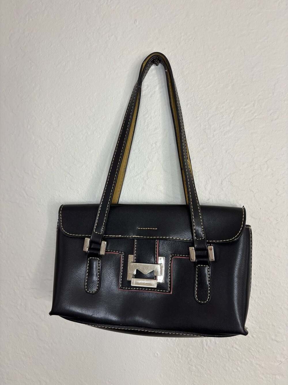 Mondani Black Leather Shoulder Bag with Silver-Tone Buckle